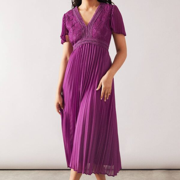 Womens Petite Lace Pleated Sleeve Midi Dress
