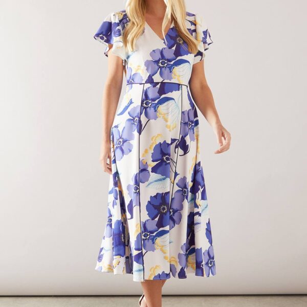 Womens Petite Printed Flare Sleeve Midi Dress