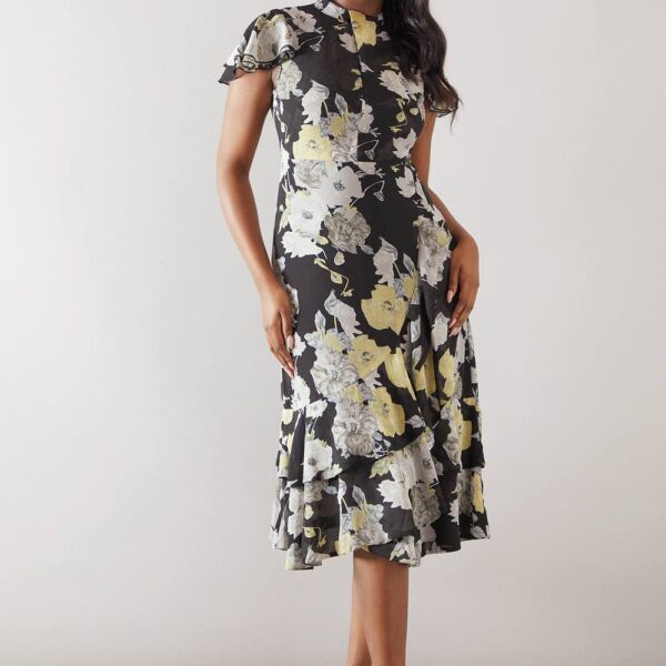 Womens Printed Twist Neck Ruffle Midi Dress