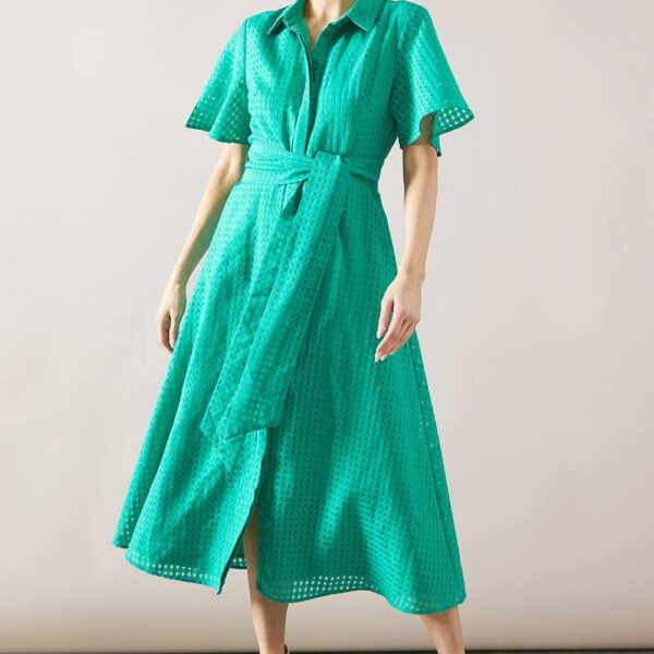 Womens Check Organza Belted Midi Shirt Dress