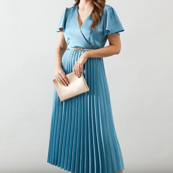 Womens Belted Satin Pleated Midaxi Dress