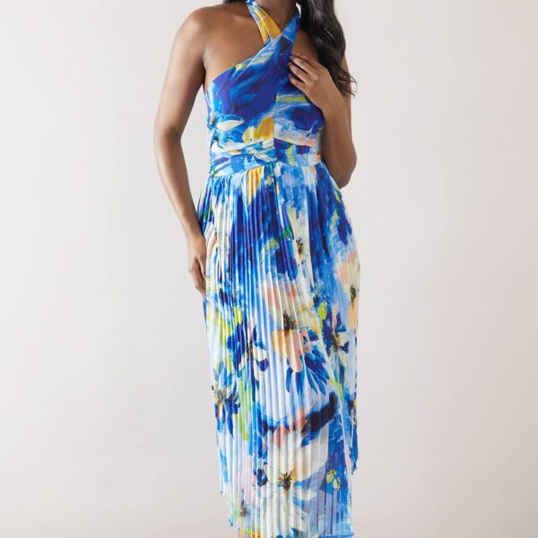 Womens Floral Halterneck Pleated Midi Dress