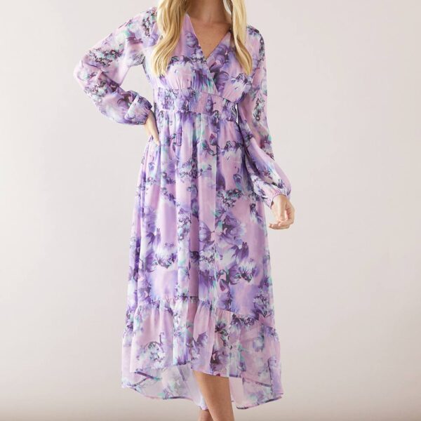 Womens Petite Floral Shirred Waist High-Low Midi Dress