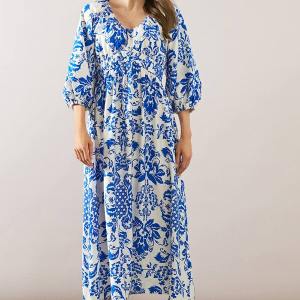 Womens Floral Ruched Waist Midaxi Tea Dress