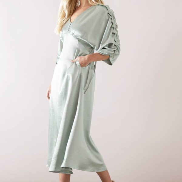 Womens Petite Satin Ruched Sleeve Midaxi Dress