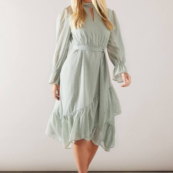 Womens Petite Glitter Dobby High Neck Ruffle Midi Dress