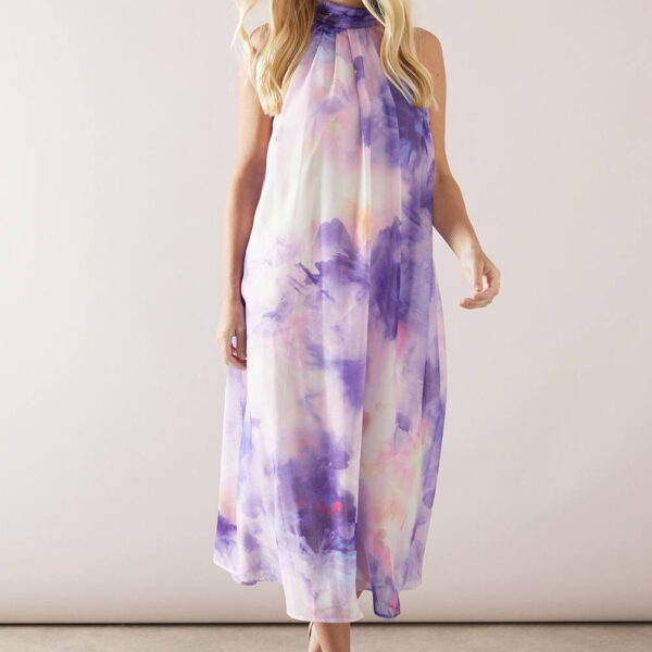 Womens Petite Abstract Organza Halterneck Midaxi Dress