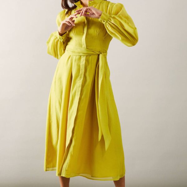 Womens Petite Organza Collarless Midi Shirt Dress