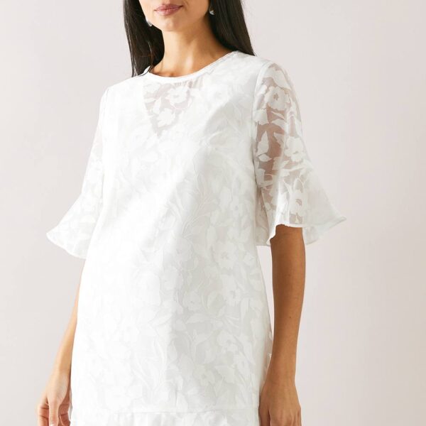 Womens Burnout Floral Ruffle Sleeve Shift Dress