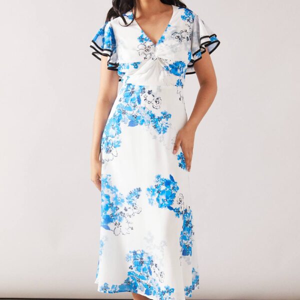 Womens Petite Floral Ruffle Twist Midaxi Dress
