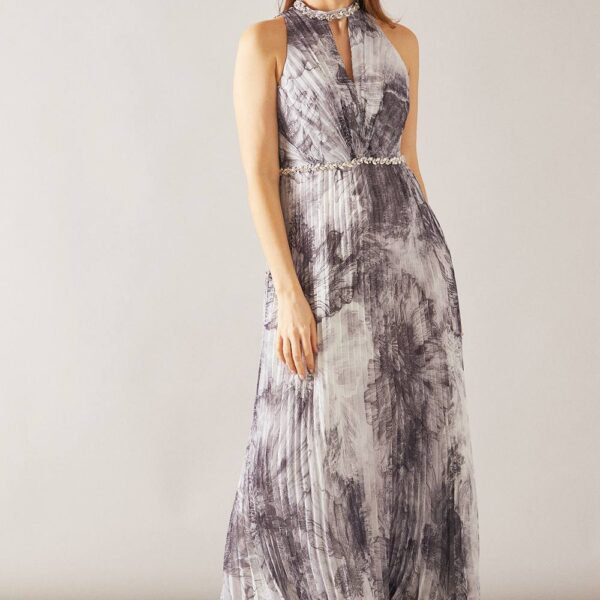 Womens Printed Embellished Pleated Maxi Dress
