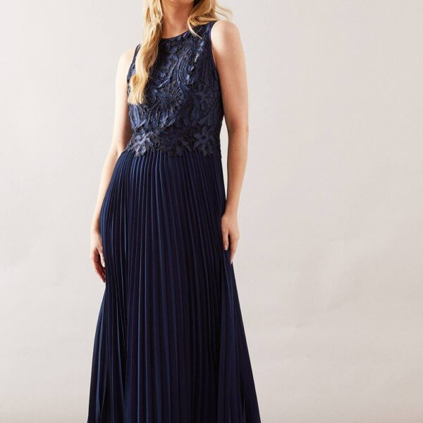 Womens Lace Overlay Pleated Maxi Dress