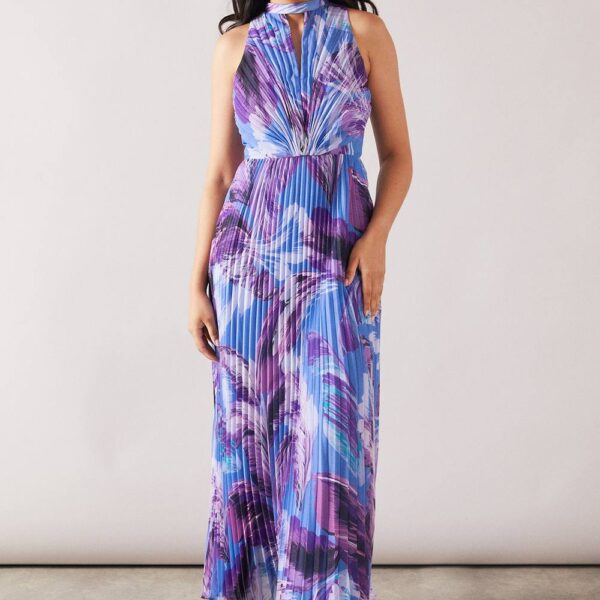 Womens Petite Feather Print Pleated Maxi Dress