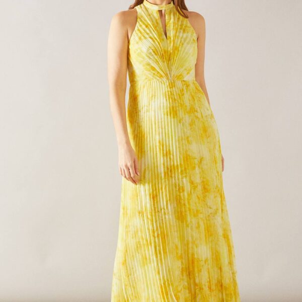 Womens Floral Print Pleated Maxi Dress