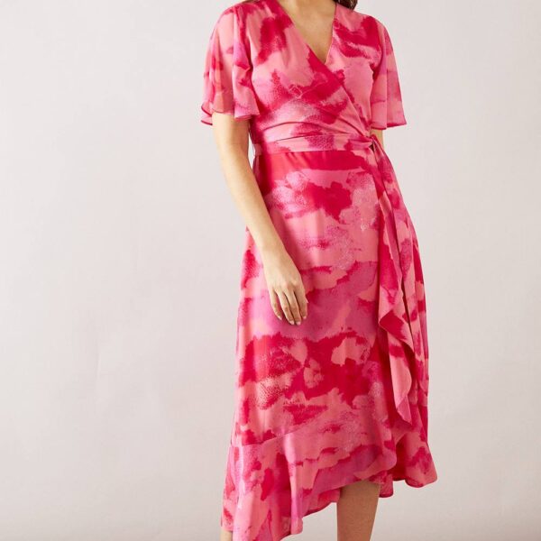 Womens Abstract Print Ruffle Chiffon Midi Dress