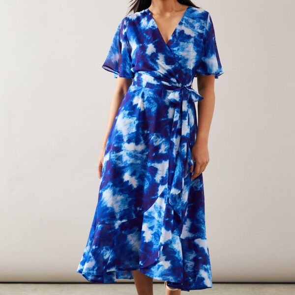 Womens Petite Abstract Midi Wrap Dress
