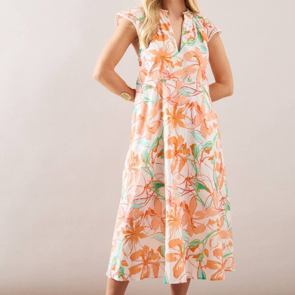 Womens Petite Floral V Neck Frill Sleeve Midi Dress