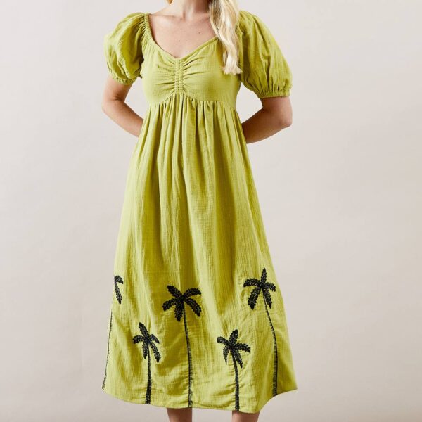 Womens Petite Palm Embroidered Textured Midi Dress