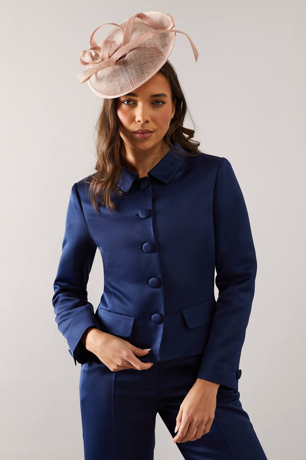 Womens Petite Satin Button Front Collared Jacket