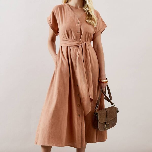 Womens Petite Linen Mix Button Midi Dress