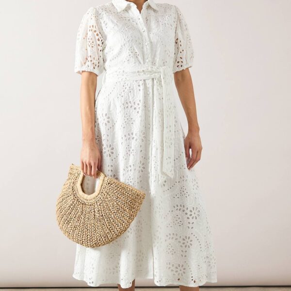Womens Broderie Tie Waist Shirt Dress