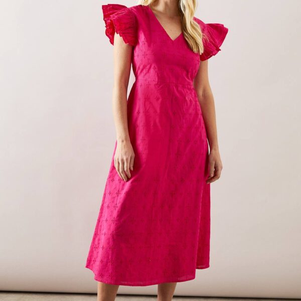 Womens Petite Broderie Frill Sleeve Midi Dress