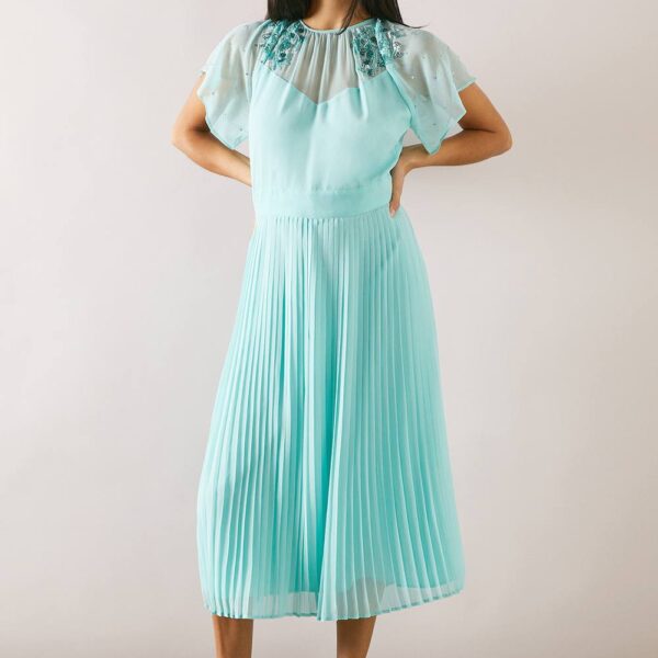 Womens Cape Sleeve Embellished Shoulder Midi Dress