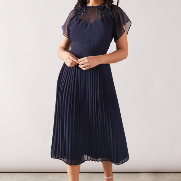 Womens Petite Cape Sleeve Embellished Shoulder Midi Dress
