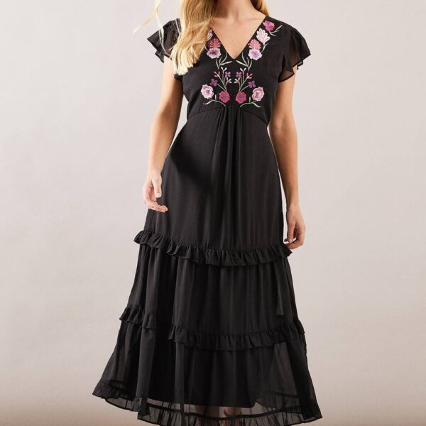 Womens Embroidered Ruffle Detail Tiered Midi Dress