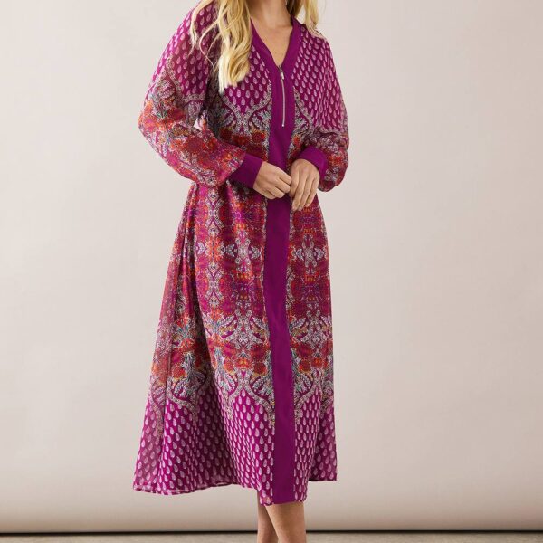 Womens Petite Paisley Zip Front Floral Border Midi Dress