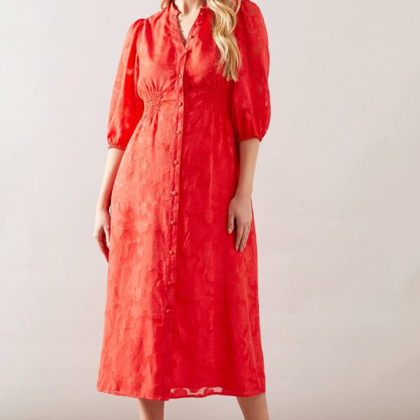 Womens Floral Jacquard Button Midi Dress