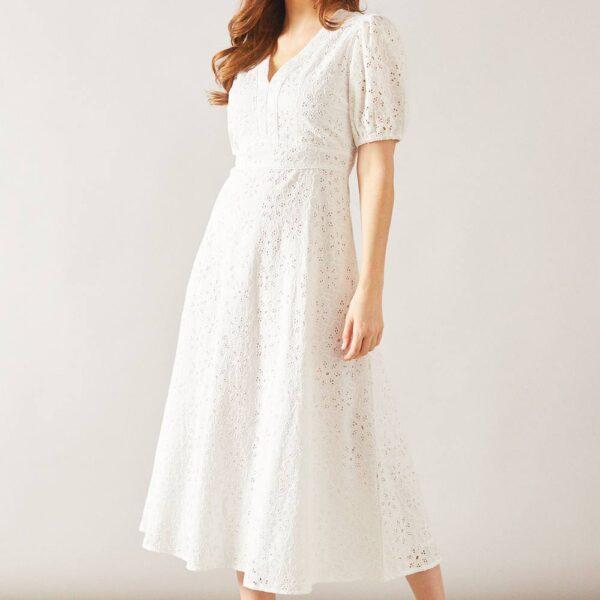 Womens Floral Broderie Fit & Flare Midi Dress