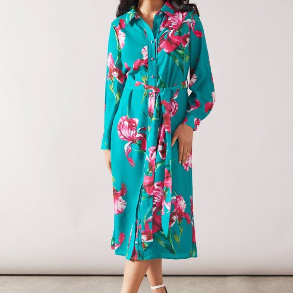 Womens Petite Premium Floral Belted Shirt Dress
