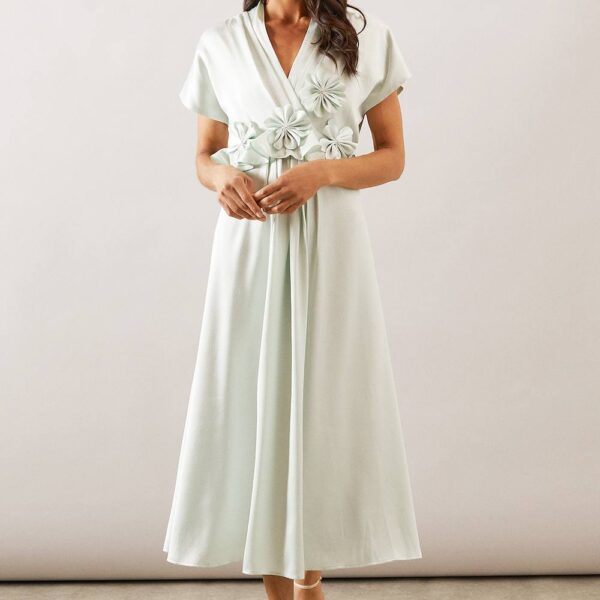 Womens Crinkle Satin Flower Corsage Dress