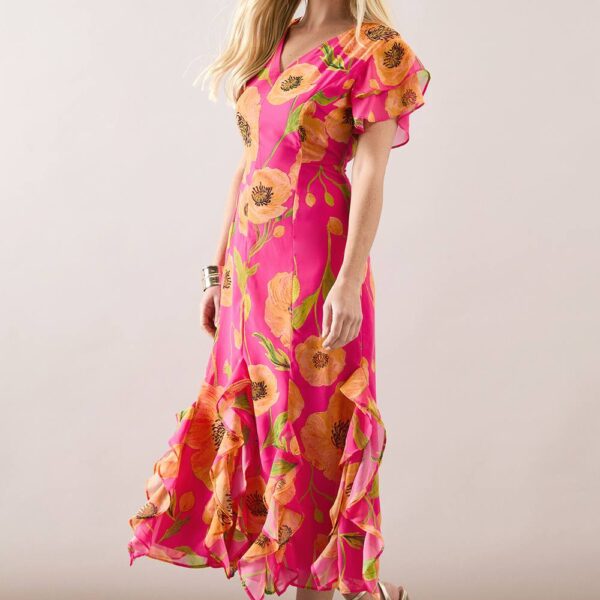 Womens Petite Printed Ruffle Detail Midaxi Dress