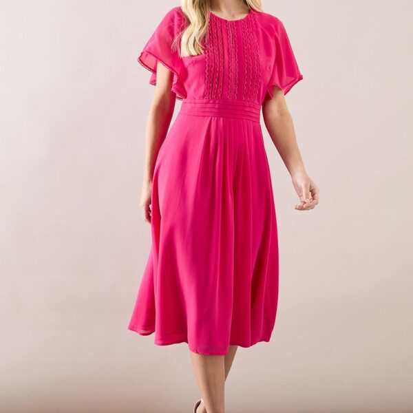 Womens Petite Lace Trim Detail Cape Midi Dress