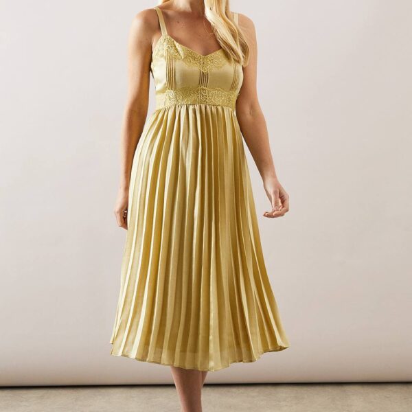 Womens Petite Lace Trim Pleated Strappy Midi Dress