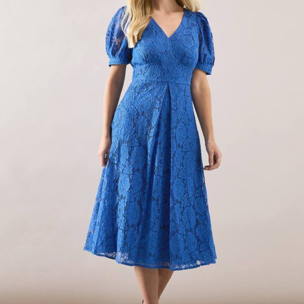 Womens Petite Lace V Neck Tea Midi Dress