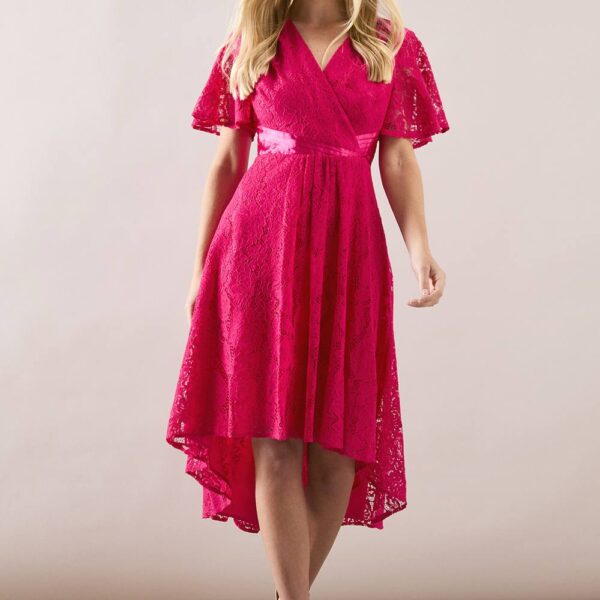 Womens Petite Lace Hi Low Lace Midi Dress