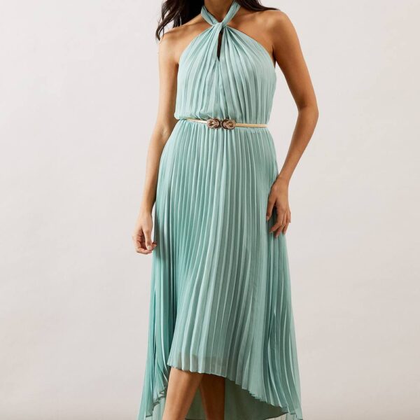 Womens Pleated Halterneck Midi Dress