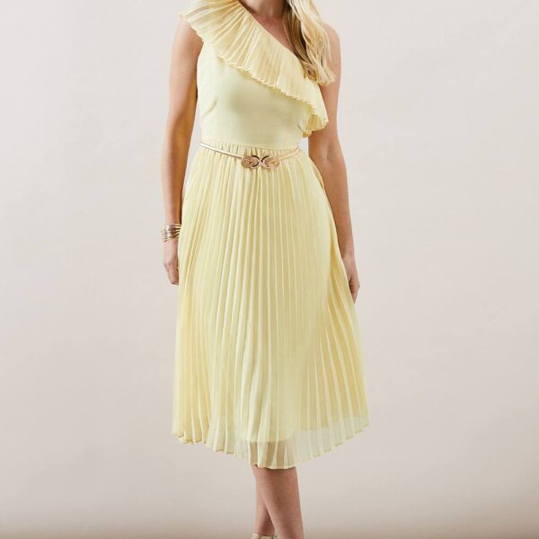 Womens Petite One Shoulder Pleated Midi Dress