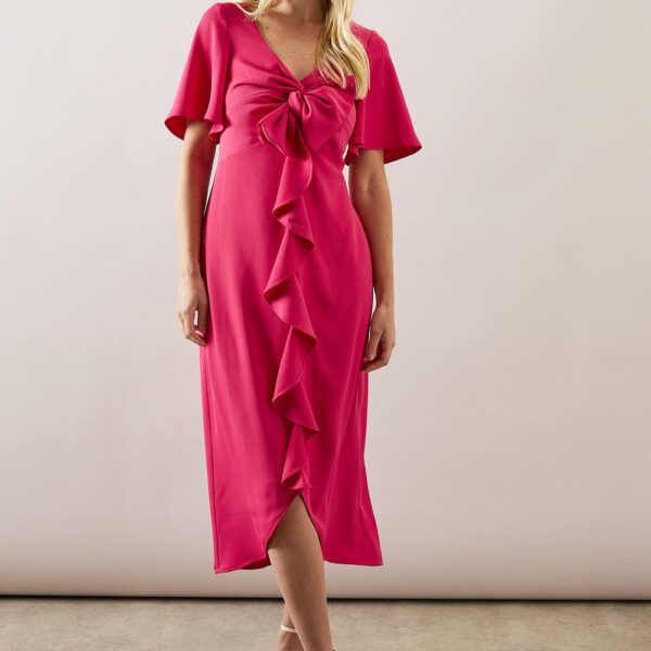 Womens Petite Bow Detail Ruffle Midi Dress