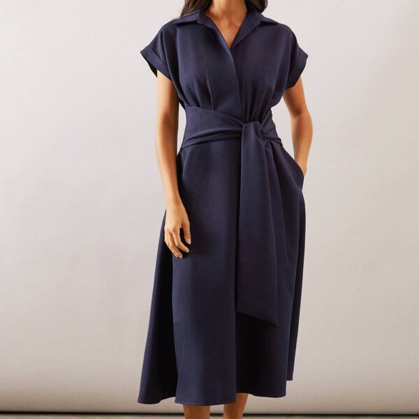 Womens Navy Front Tie Shirt Midi Dress