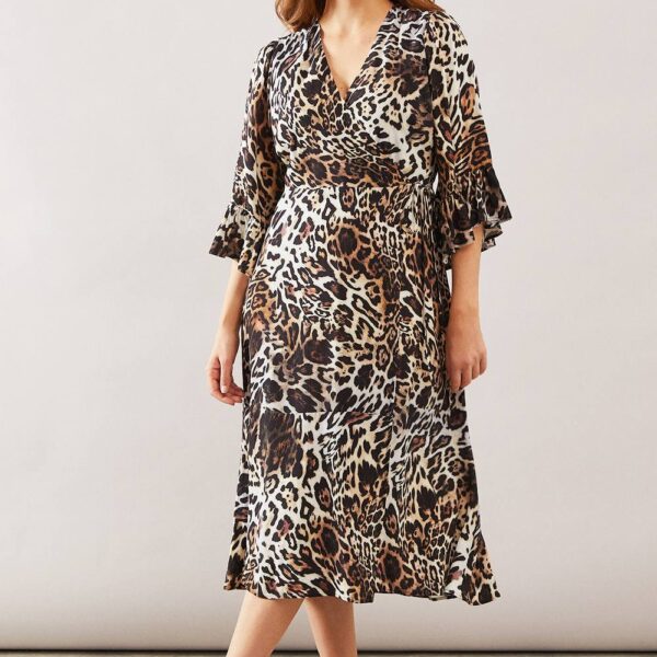 Womens Leopard Wrap Ruffle Midi Dress
