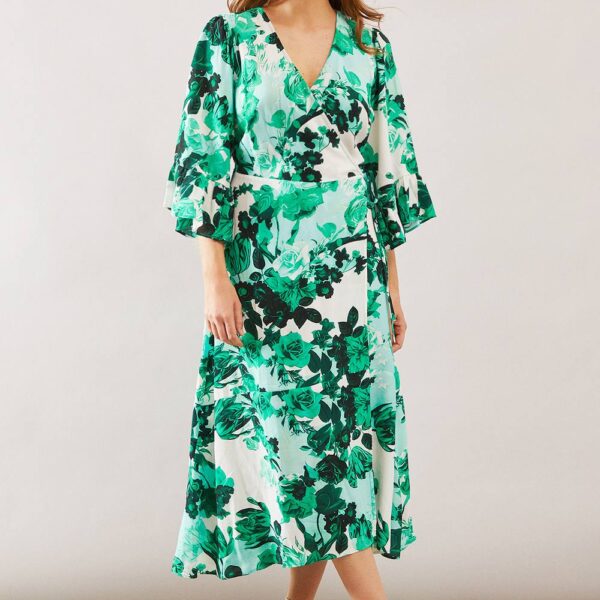 Womens Floral Wrap Ruffle Midi Dress