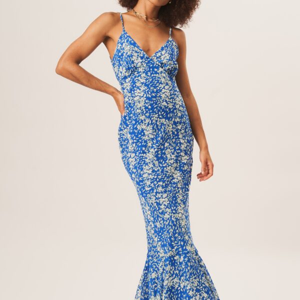 Blue Dobby Floral Chiffon Strappy Maxi Dress