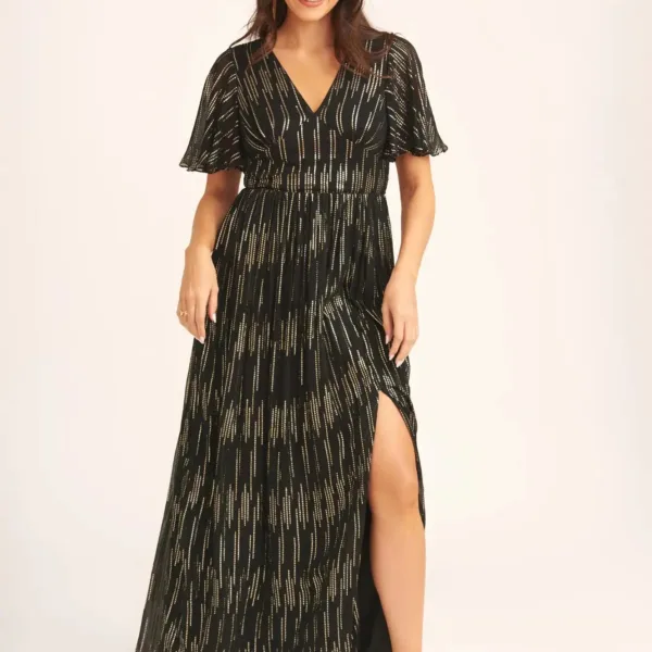 Black Stripe Foil Angel Sleeves Maxi Dress