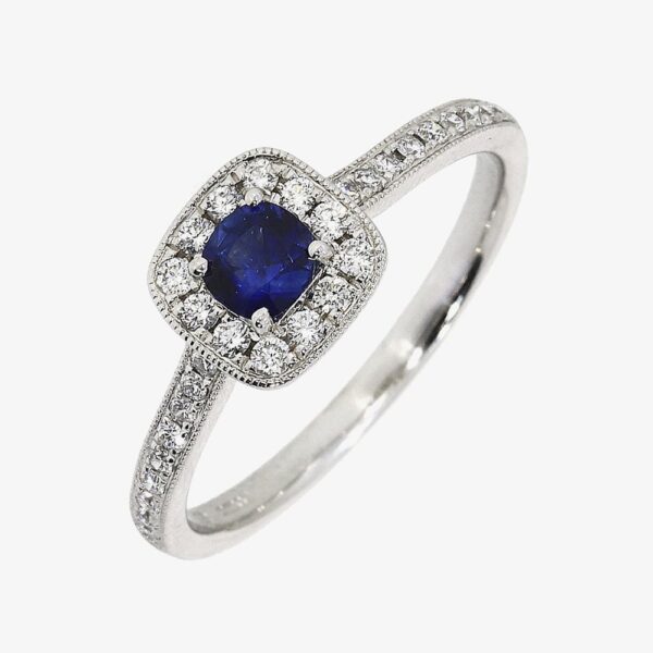 18ct White Gold Brilliant Cut Diamond & Sapphire Shoulder Set Halo Ring 24995 N