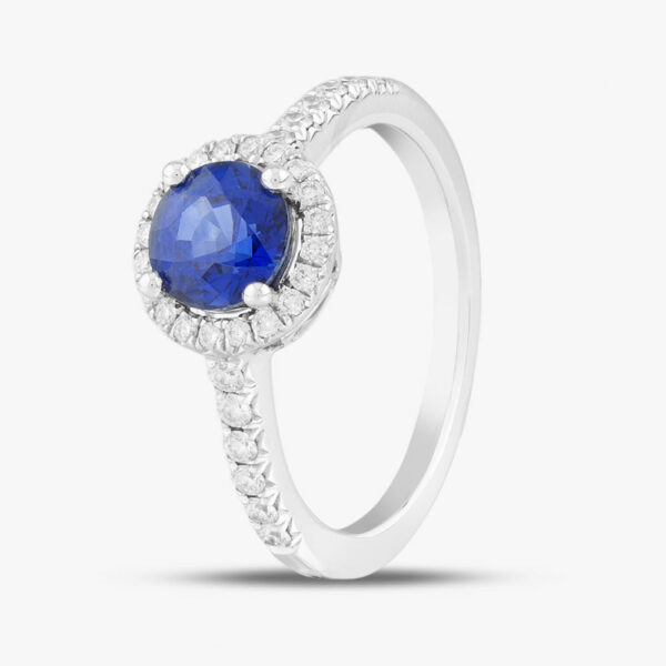 18ct White Gold Sapphire & Brilliant Cut Diamond Shoulder Set Halo Ring R39073GW18SA