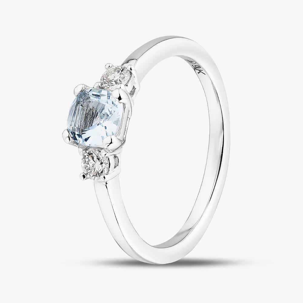 9ct White Gold Aquamarine & Diamond Three Stone Ring 4458WG Q